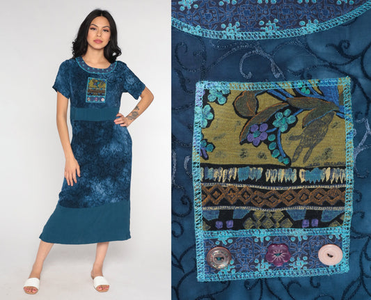 00s Dark Blue Vine Print Midi Dress Geometric Patch Side Slit Small S