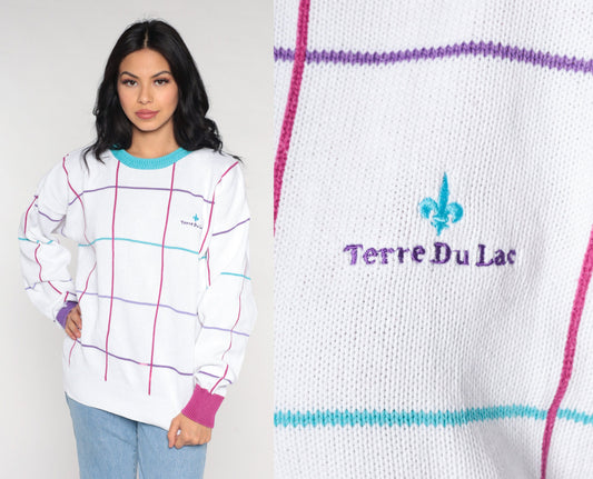 90s Terre du Lac Checkered White Crewneck Sweater Ringer Trim Large L