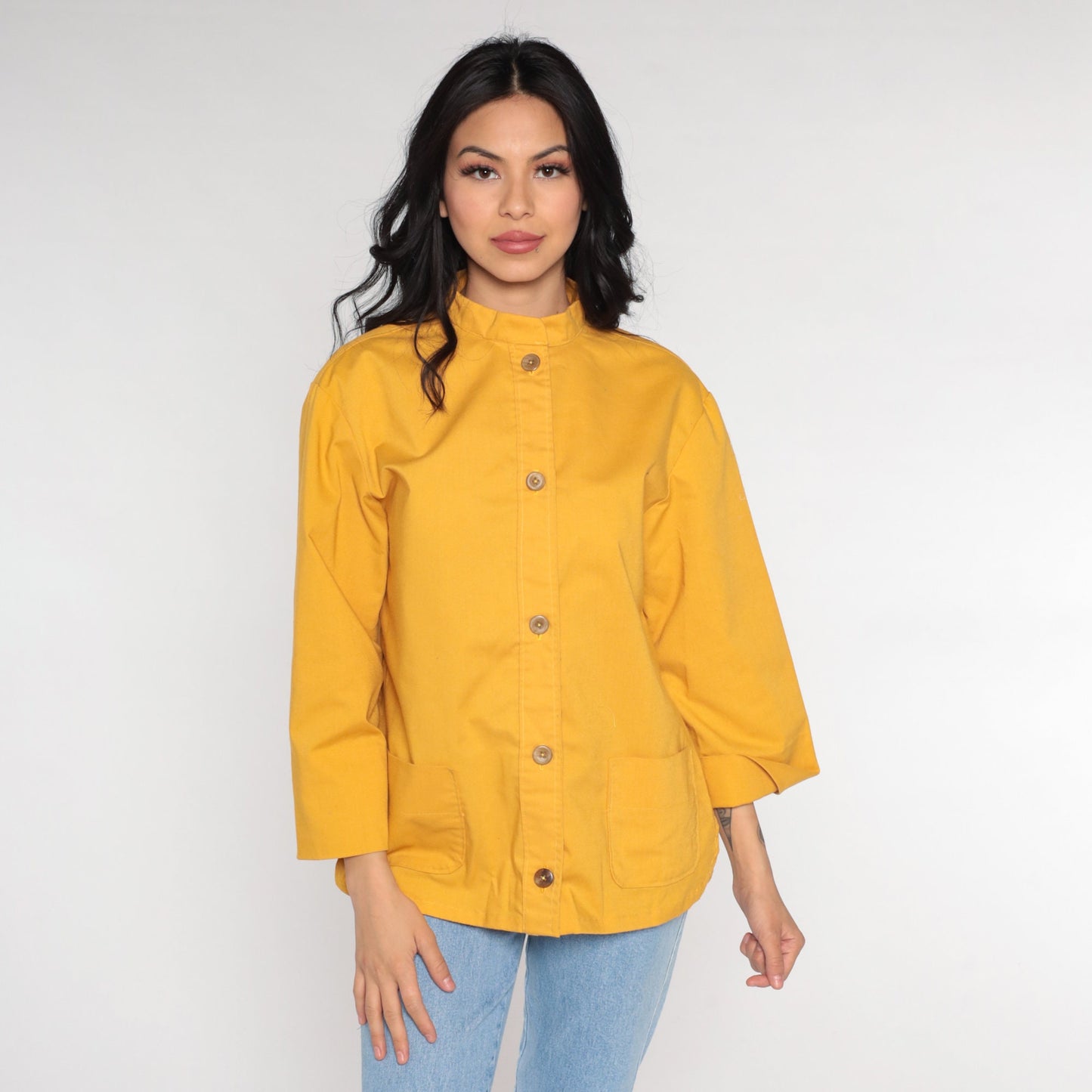 80s Yellow Cotton Blend Button-Up Blouse Long Sleeve Oxford Shirt Medium