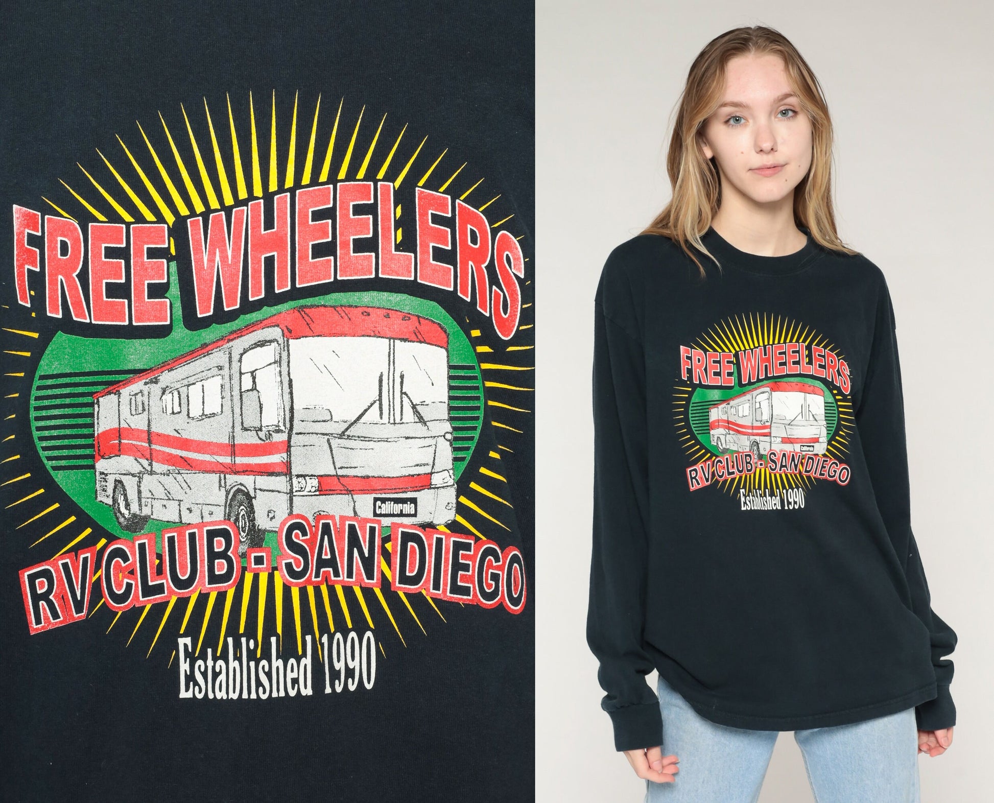 90s Freewheelers RV Club San Diego Long Sleeve Graphic Tee Black Large L