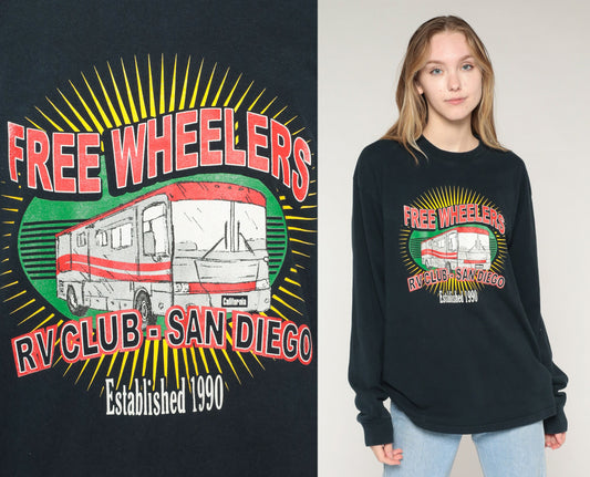 90s Freewheelers RV Club San Diego Long Sleeve Graphic Tee Black Large L