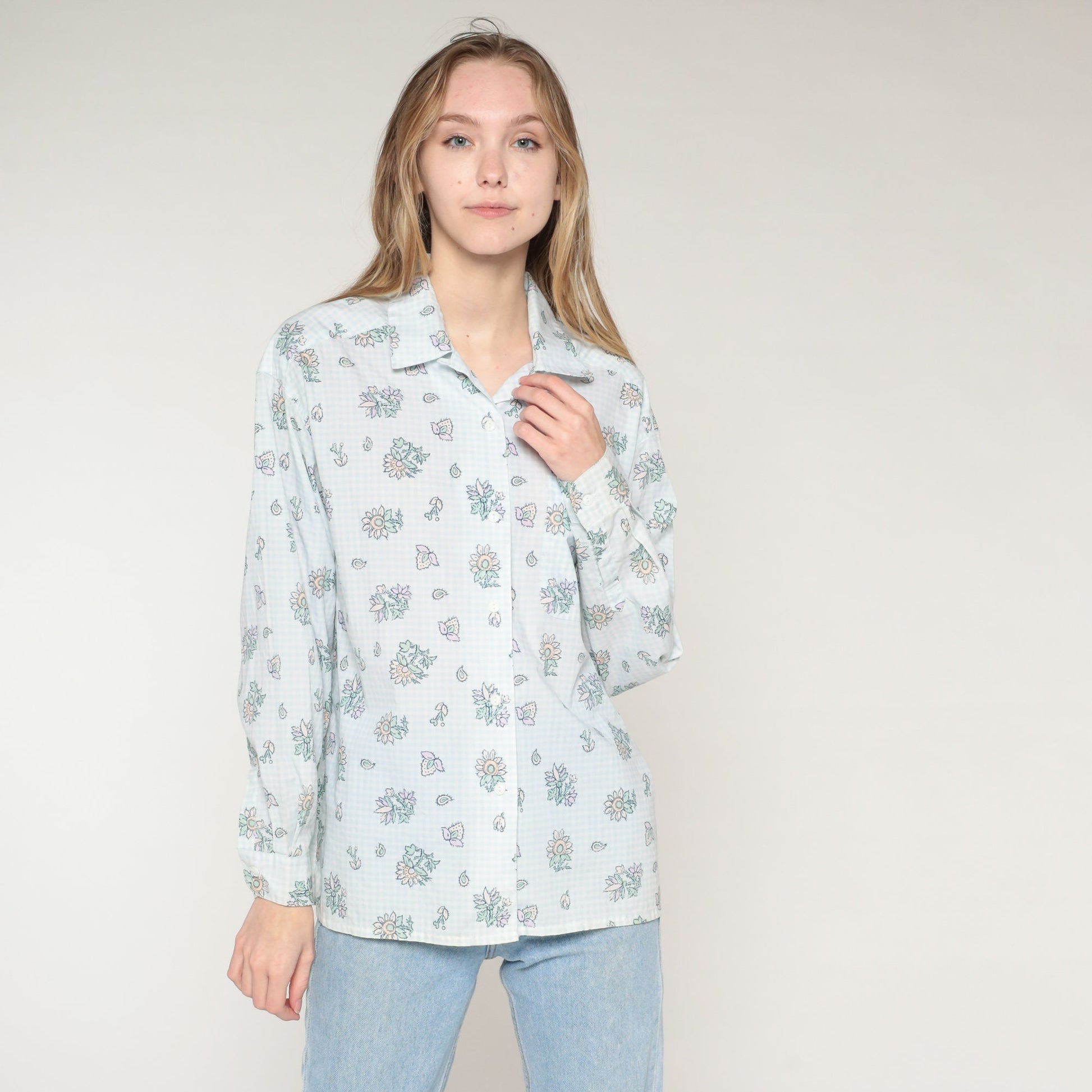 80s Levi Travellers Checkered Floral Button-Up Blouse Light Blue White Medium