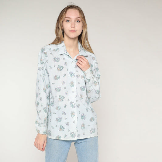 80s Levi Travellers Checkered Floral Button-Up Blouse Light Blue White Medium