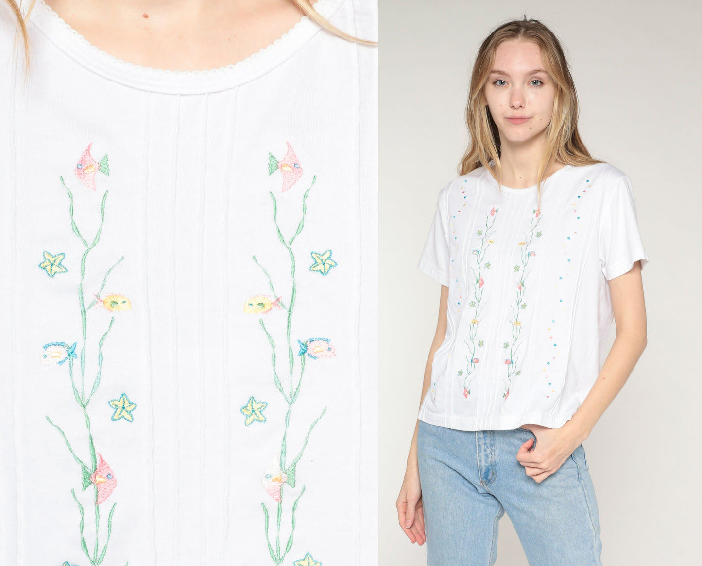 90s Shenanigans White Embroidered Fish Blouse Tropical Starfish Medium