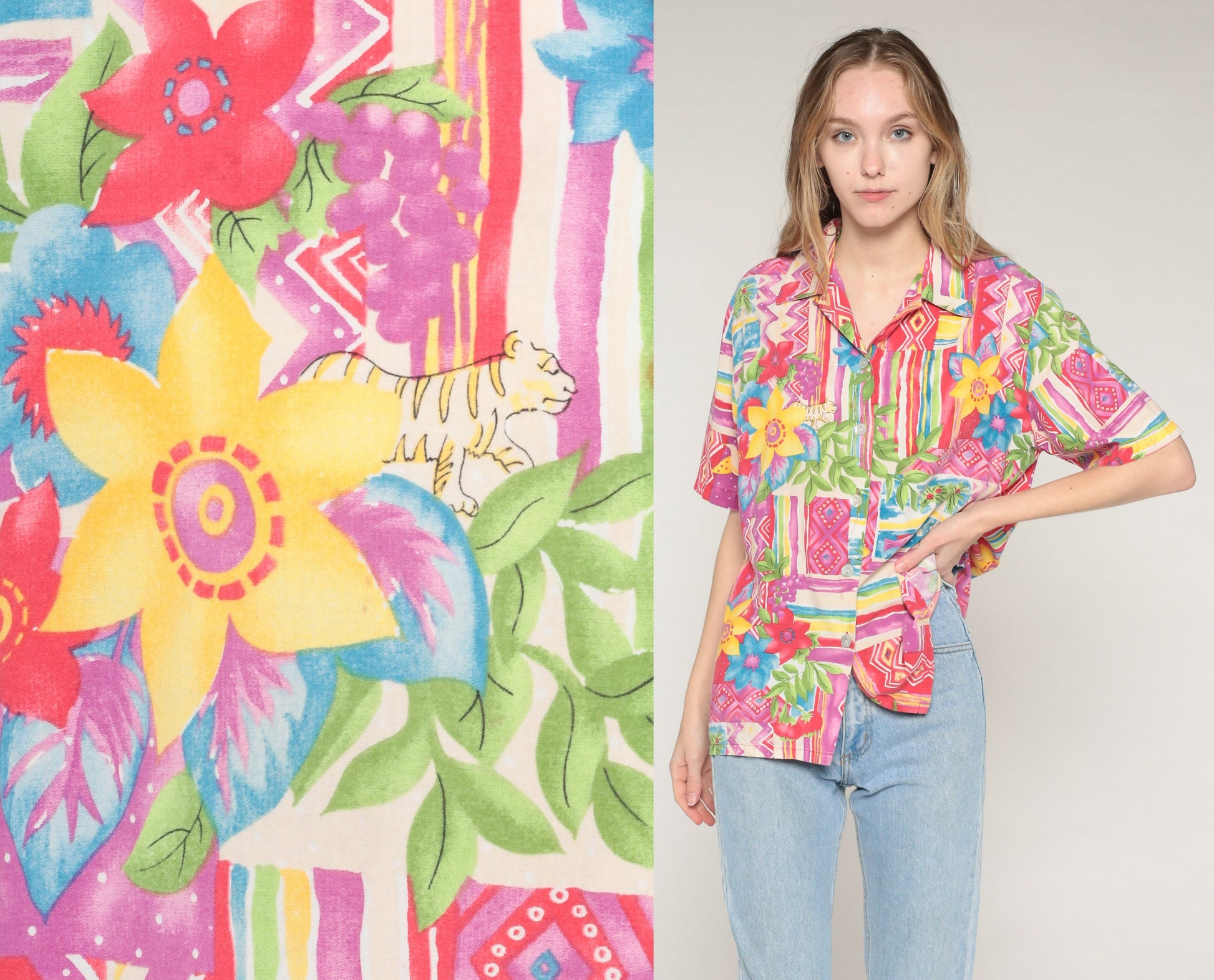 90s Tropical Print Button-Up Blouse Floral Tiger Palm Tree Fish Multicolor Medium