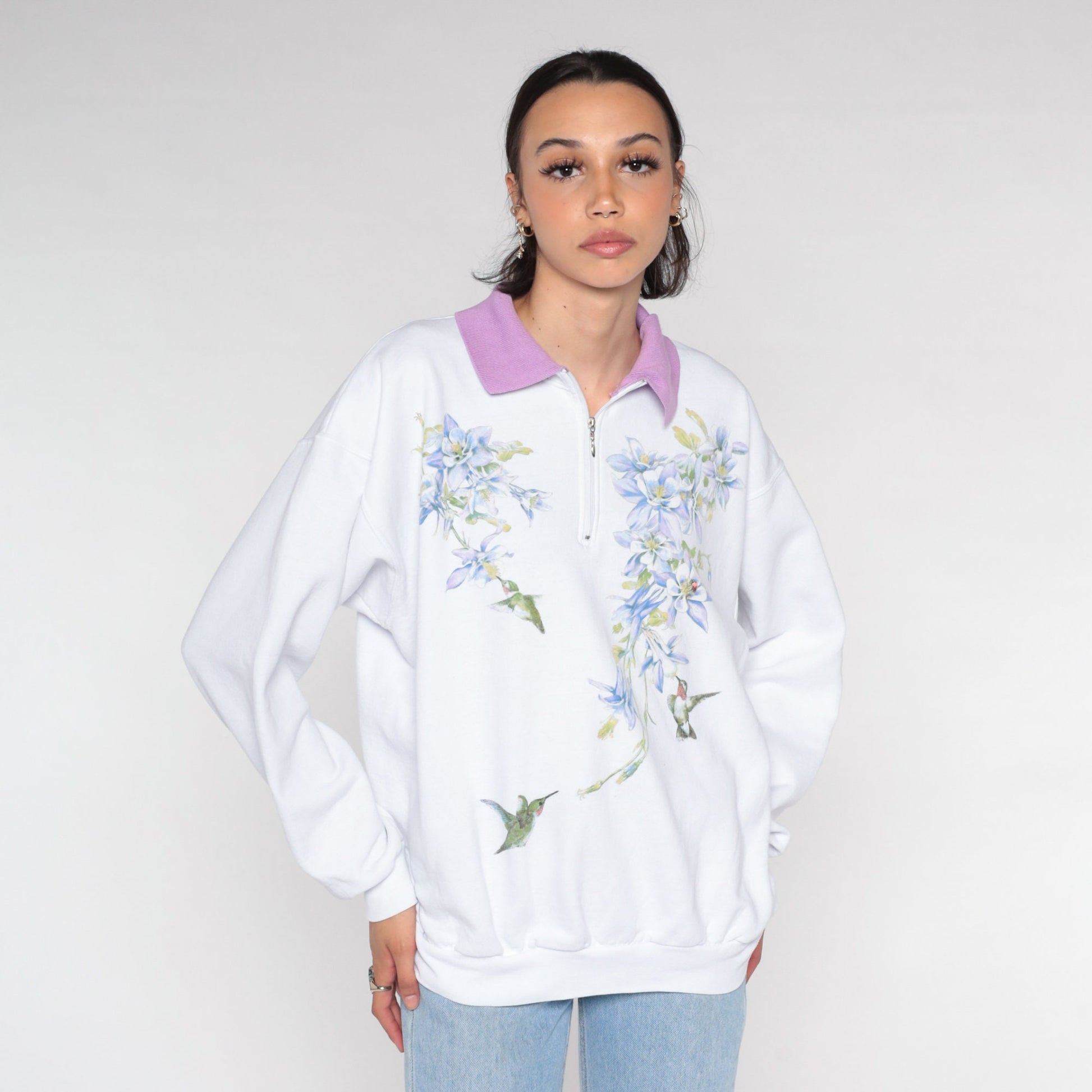Y2K Hummingbird Columbine Floral Quarter Zip Sweatshirt White Large L