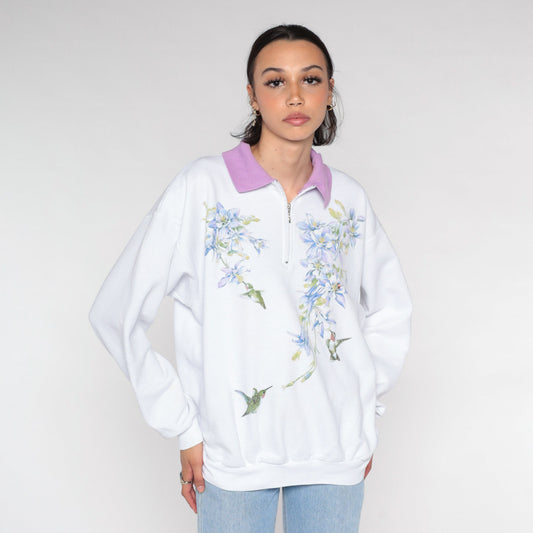 Y2K Hummingbird Columbine Floral Quarter Zip Sweatshirt White Large L