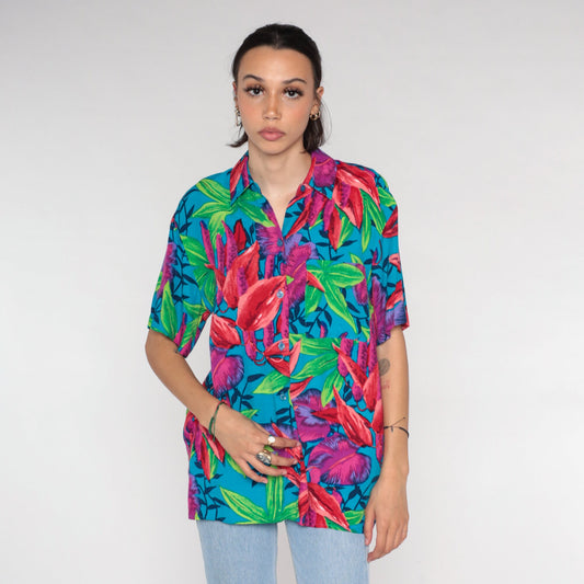 90s Hawaiian Floral Button-Up Blouse Blue Short Sleeve Medium