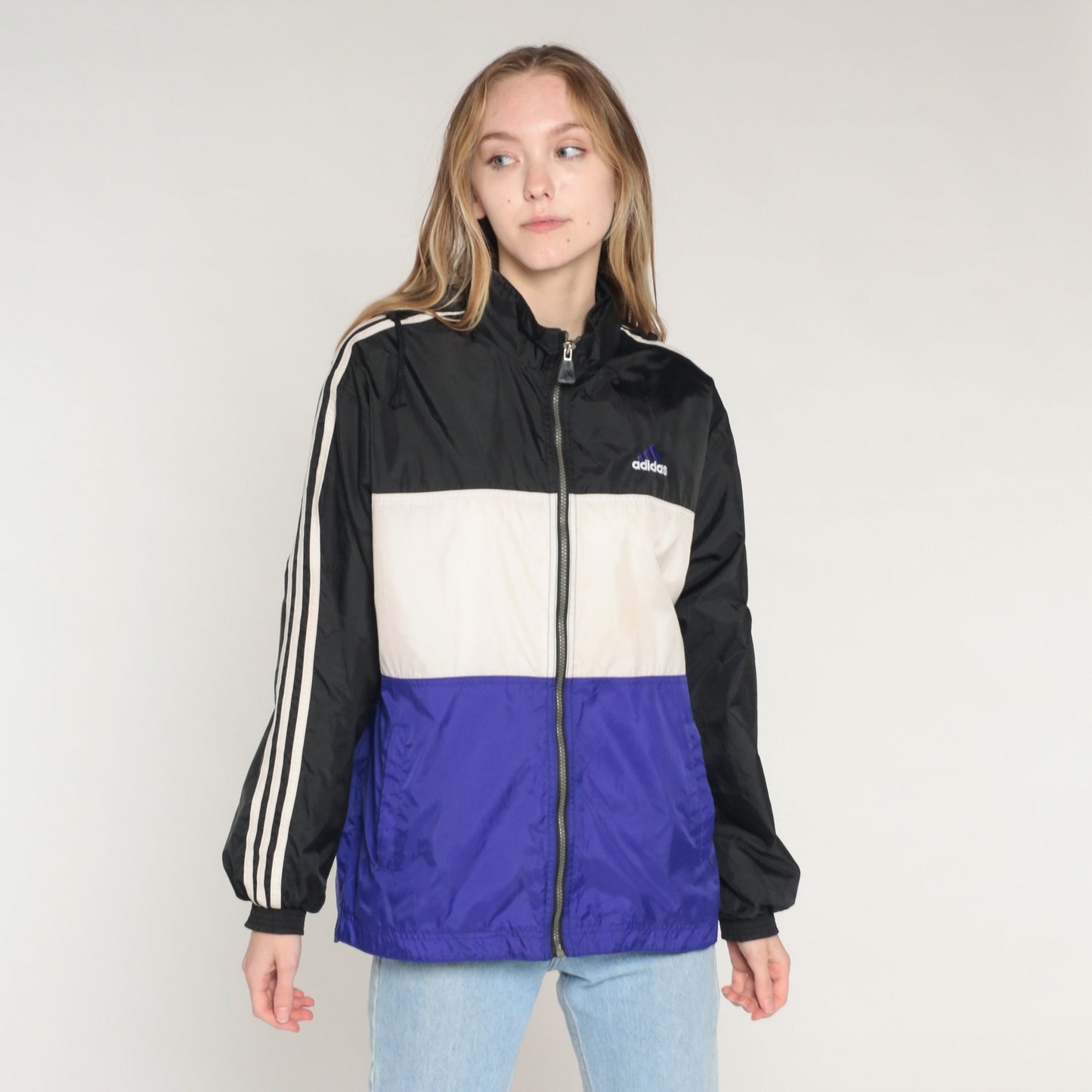 Y2K Adidas Windbreaker Jacket Black White Purple Striped Colour Block 2XL