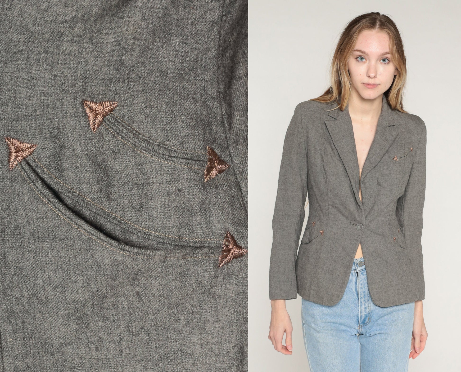 60s Grey Wool Blazer Single Button Jacket Embroidered Pockets Extra Small