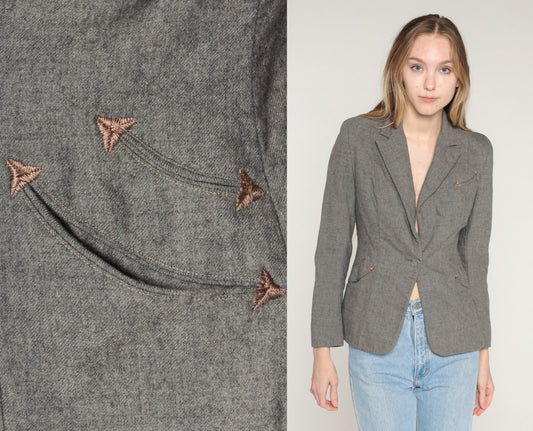 60s Grey Wool Blazer Single Button Jacket Embroidered Pockets Extra Small