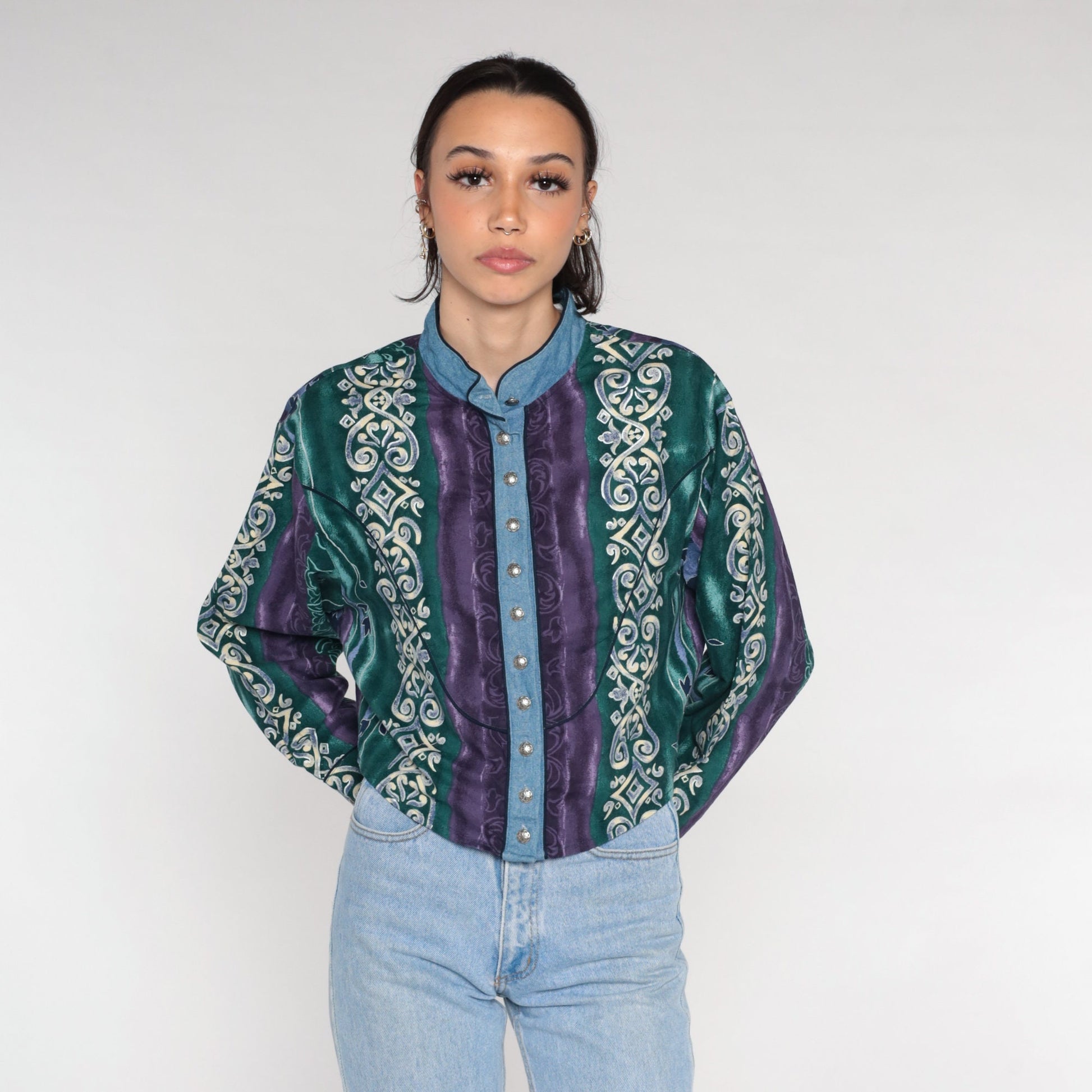 90s Wrangler Abstract Striped Button Up Blouse Long Sleeve High Neck Cotton Large