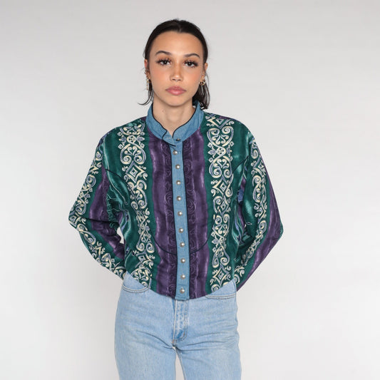 90s Wrangler Abstract Striped Button Up Blouse Long Sleeve High Neck Cotton Large