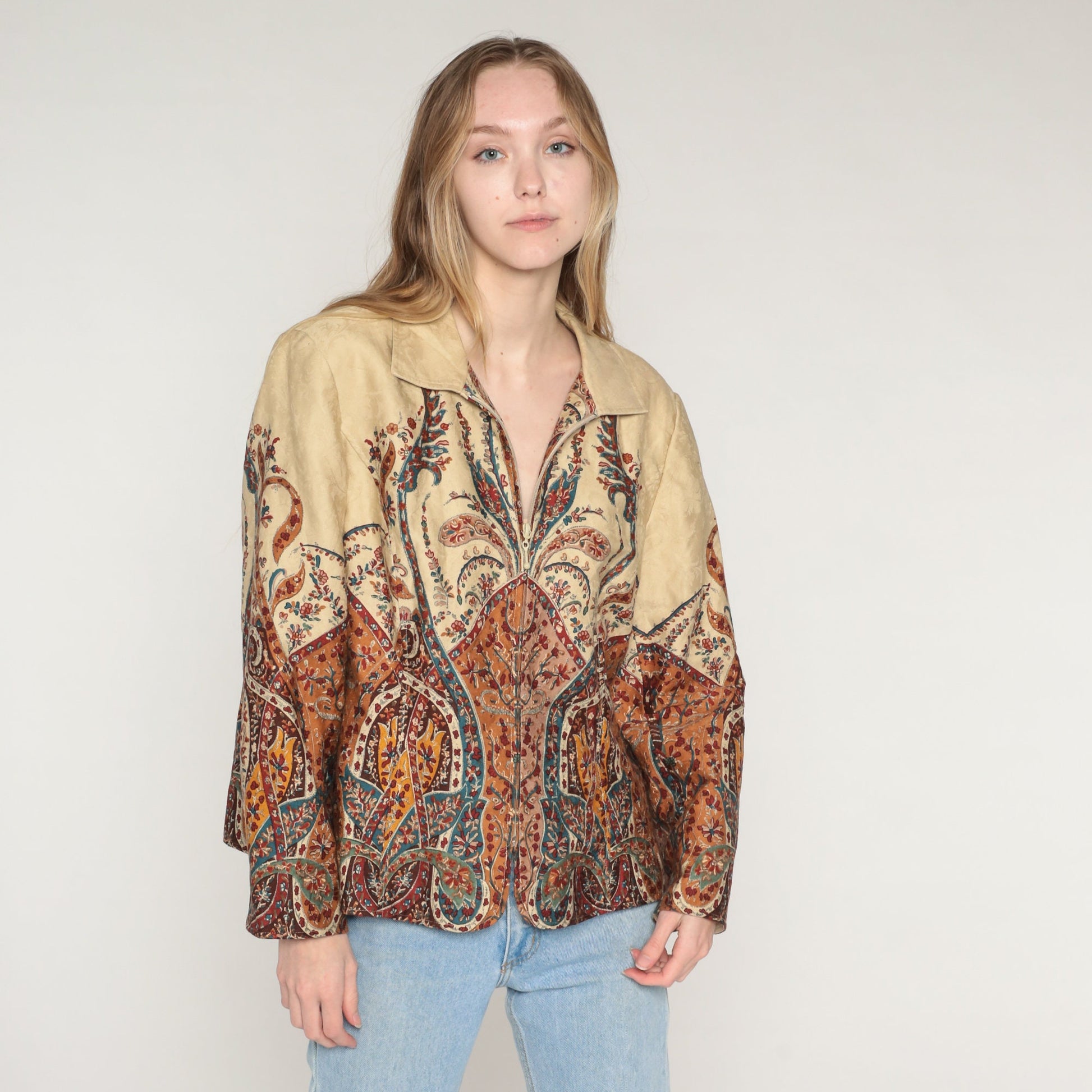Y2K Coldwater Creek Floral Embossed Jacket Tan Indian Print Zip-Up Extra Large XXL
