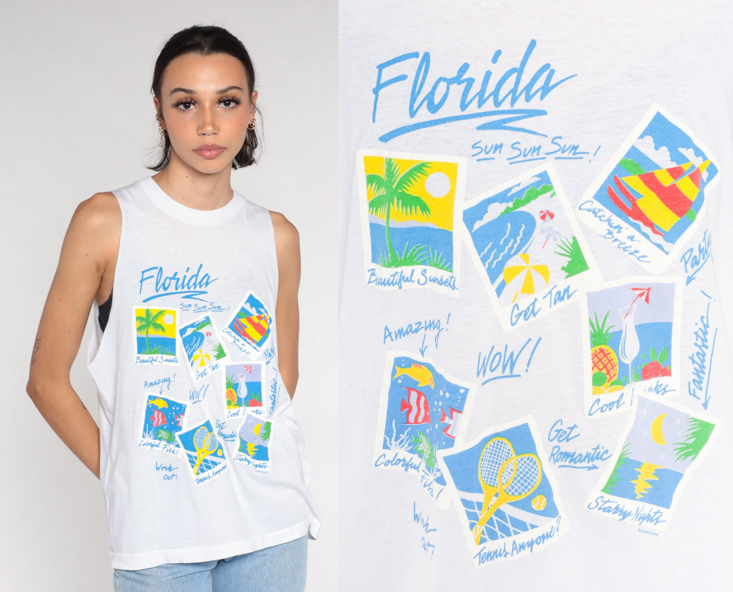 90s Florida Vacation Muscle Tank White Graphic Tourist Tee Small