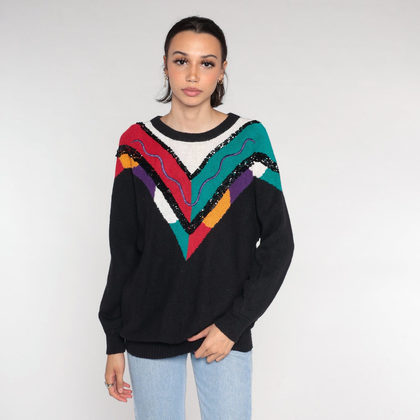 90s Black Sequin Chevron Knit Sweater Embroidered Squiggle Cotton Ramie Extra Large