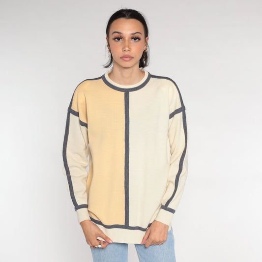 90s Liz Claiborne Wool Blend Crewneck Sweater Beige Grey Trim Medium