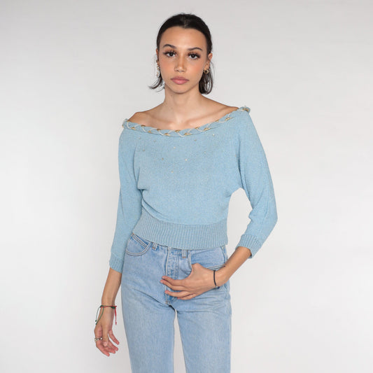 70s Dusty Blue Knit Sweater Off-Shoulder Sequin Beaded Pullover Small S