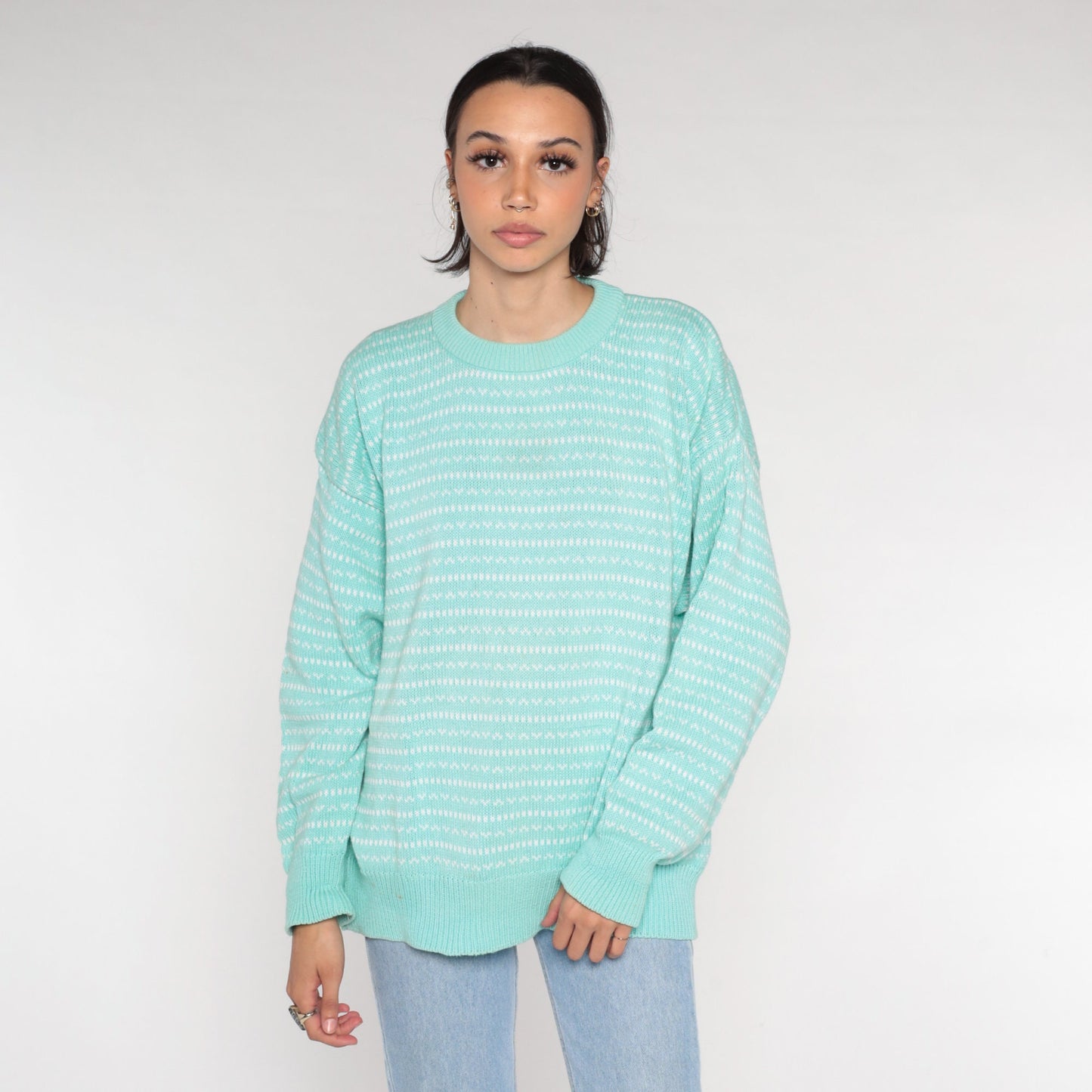 90s Eddie Bauer Seafoam Striped Knit Sweater Crewneck Cotton Medium