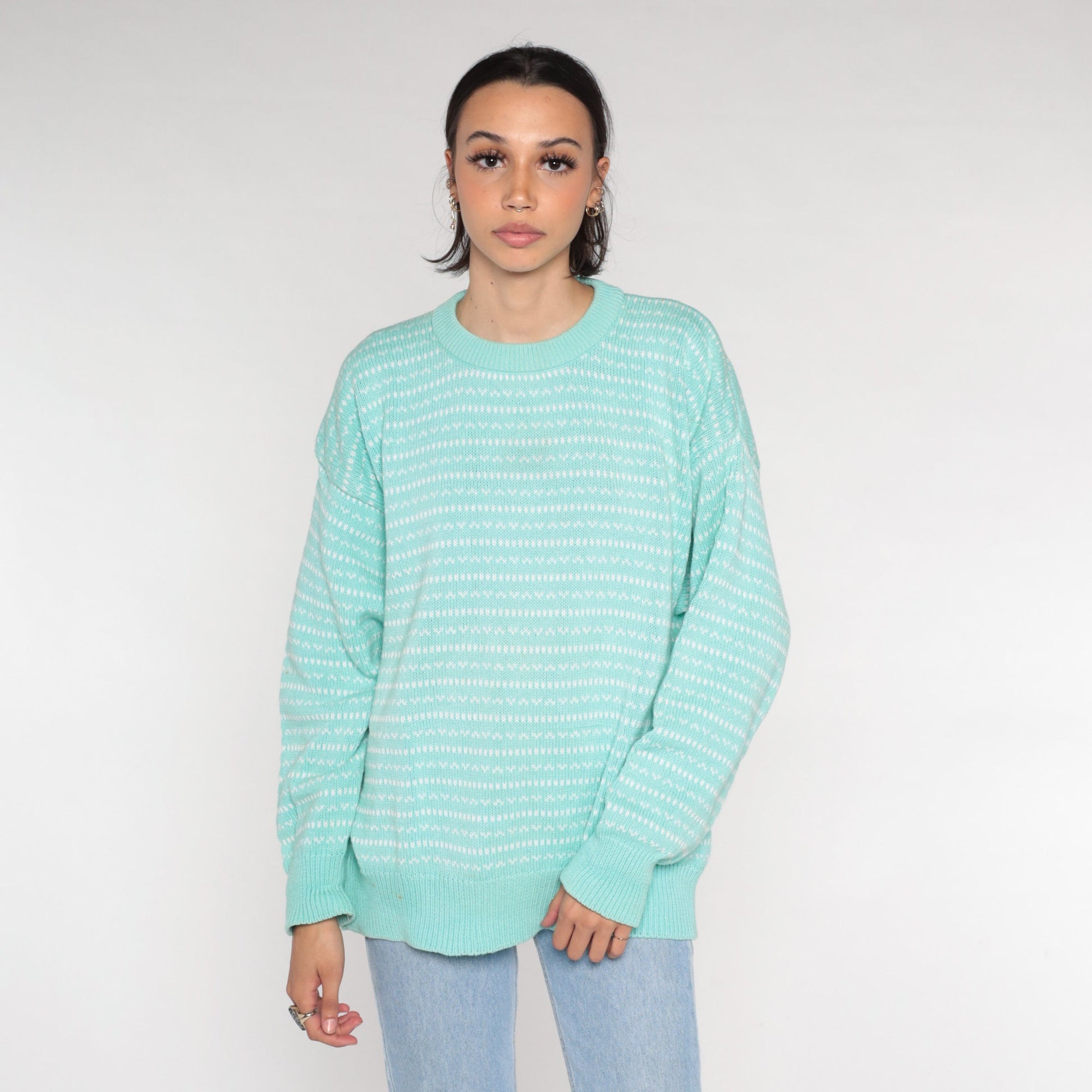 90s Eddie Bauer Seafoam Striped Knit Sweater Crewneck Cotton Medium