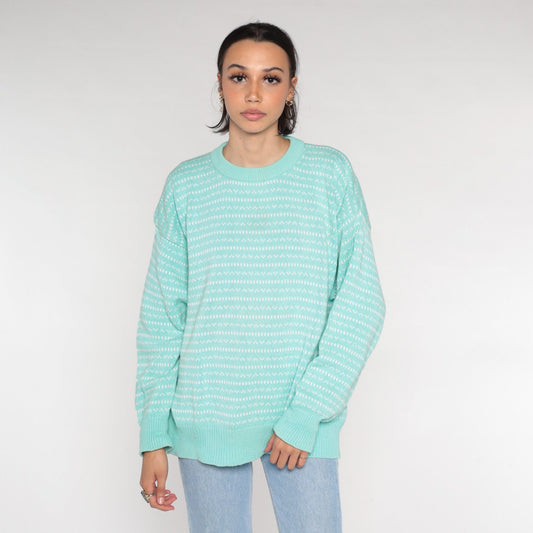 90s Eddie Bauer Seafoam Striped Knit Sweater Crewneck Cotton Medium