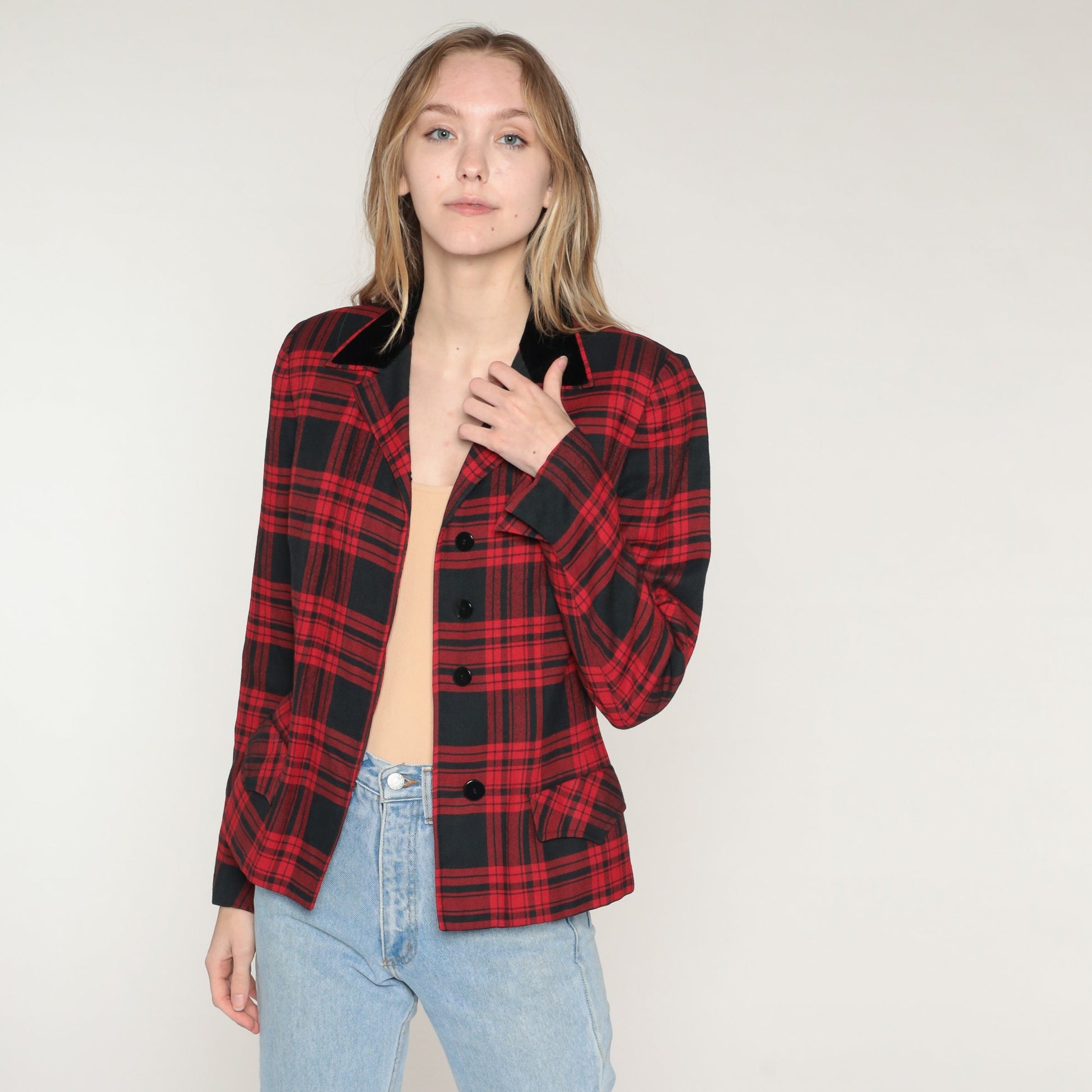 70s Marshall Field Red Plaid Wool Blazer Notched Collar Button Jacket Extra Small