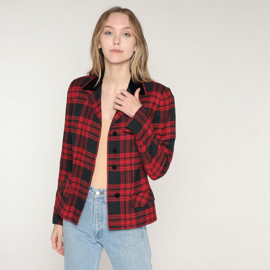 70s Marshall Field Red Plaid Wool Blazer Notched Collar Button Jacket Extra Small