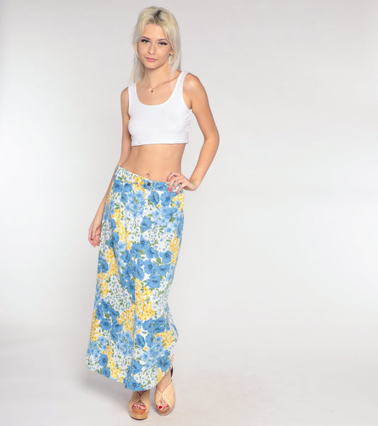 90s Blue Floral Wrap Maxi Skirt Cotton Flower Print Medium Large