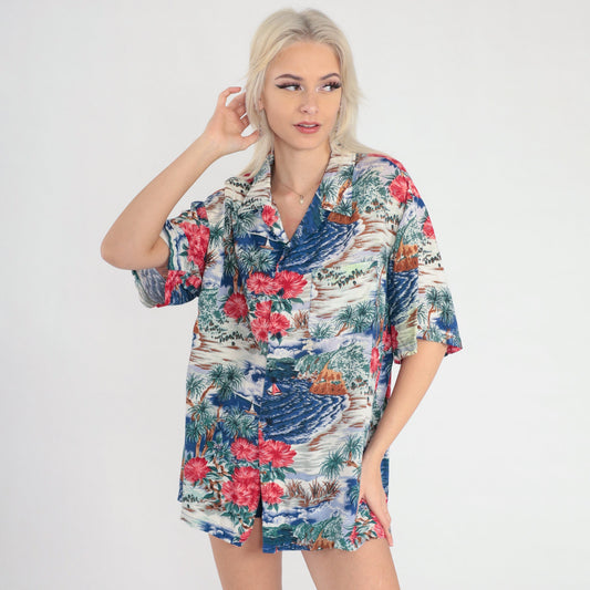 Y2K Hawaiian Islands Button Up Shirt Tropical Print Blue Sailboat Extra Large