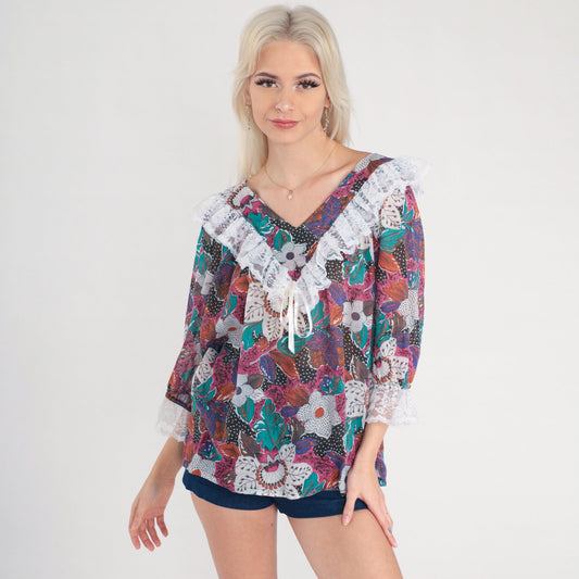 80s Floral Lace Blouse V-Neck Ruffle Tropical Print 3/4 Sleeve Large L