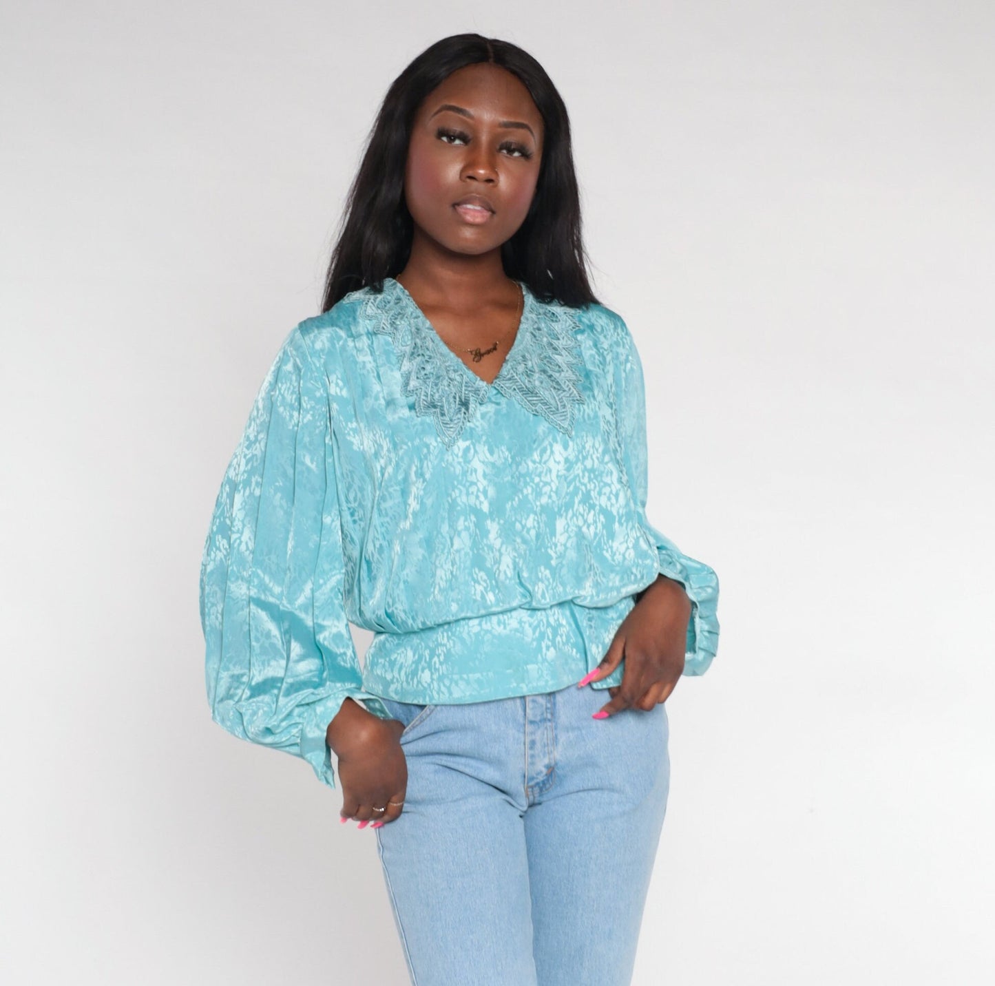 80s Blue Embossed Blouse Crochet Collar V-Neck Pleated Long Sleeve Medium