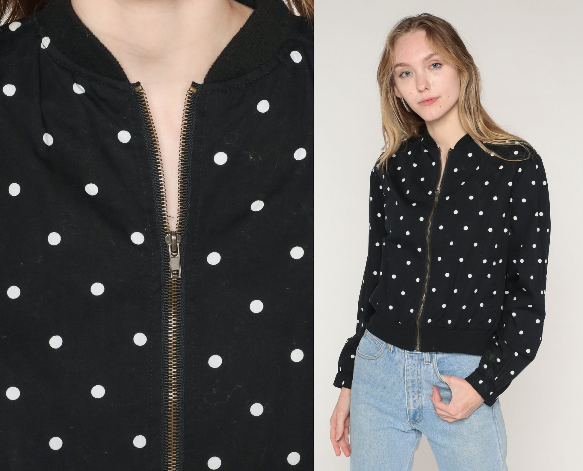 Y2K Black Cotton Zip Jacket White Polka Dot Print Small S