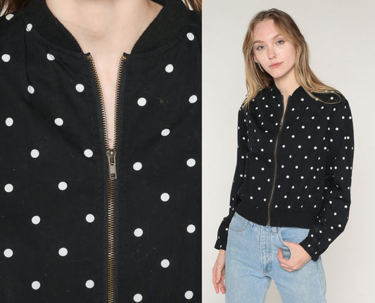 Y2K Black Cotton Zip Jacket White Polka Dot Print Small S