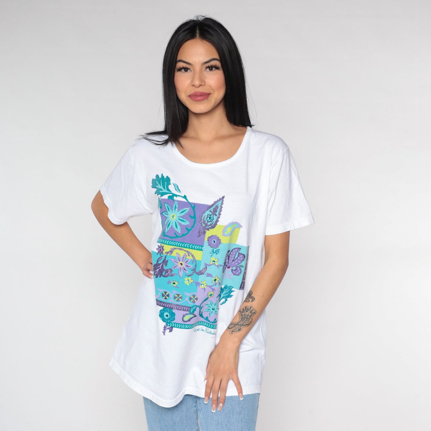 Diane Von Furstenberg Y2K Floral Glitter T-Shirt White Blue Green Purple Extra Large XL