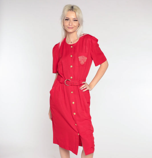 90s Red Midi Shirtdress Gold Crest Pocket Puff Sleeve Button Up Small