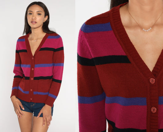 70s Striped Cardigan Rust Red Pink Purple V-Neck Button-Up Knit Small