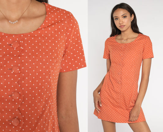 60s Orange Polka Dot Shift Dress Mini Button-Up Short Sleeve Extra Small