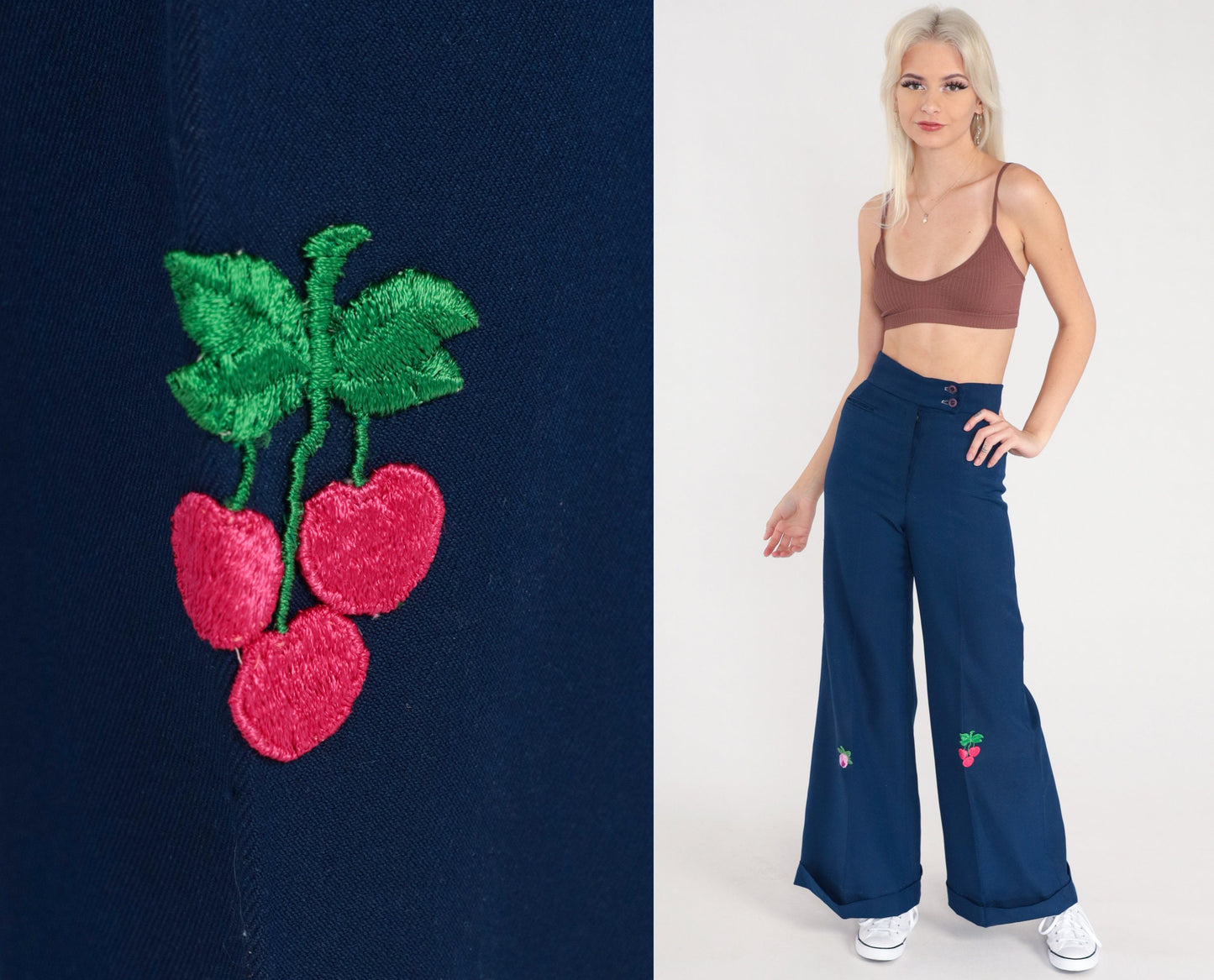 70s Dark Blue Bell Bottom Pants Cherry Flower Patch High Waist Extra Small