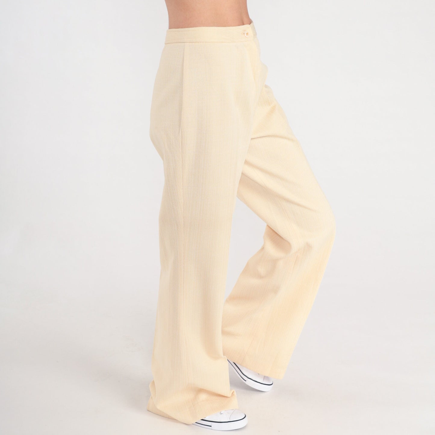 70s Pale Yellow Bell Bottom Pants High Waist Vintage Trousers Small