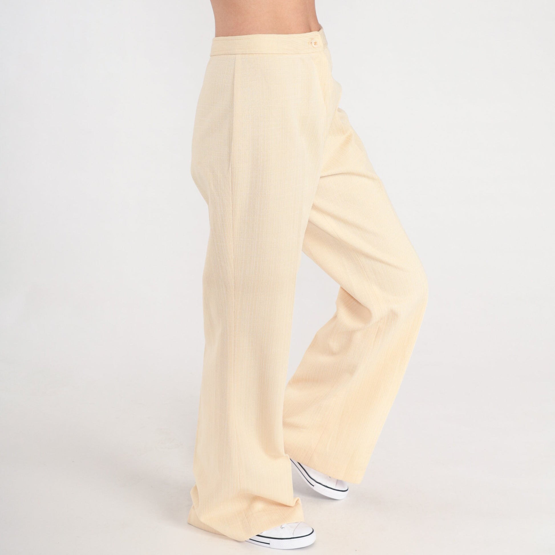 70s Pale Yellow Bell Bottom Pants High Waist Vintage Trousers Small