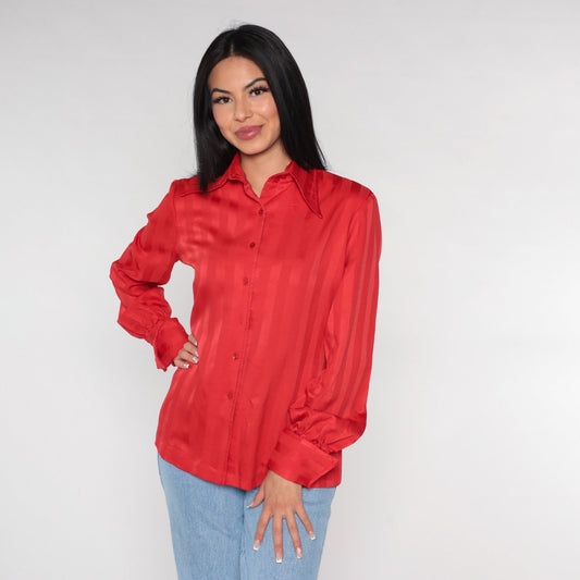 70s Red Striped Button-Up Blouse Dagger Collar Long Sleeve Medium