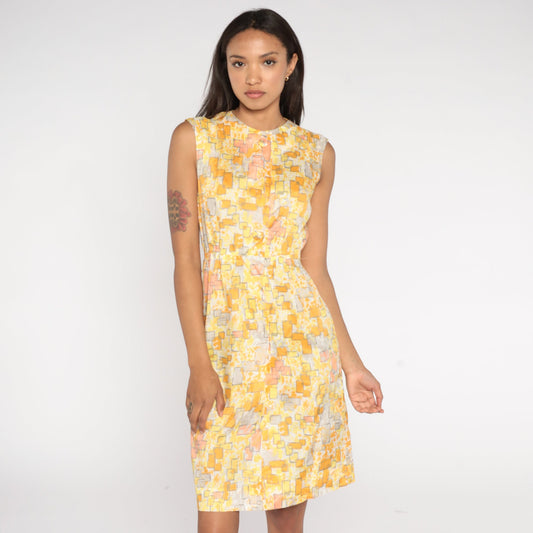 60s Geometric Print Button-Up Mini Dress Yellow Orange High Waist Extra Small