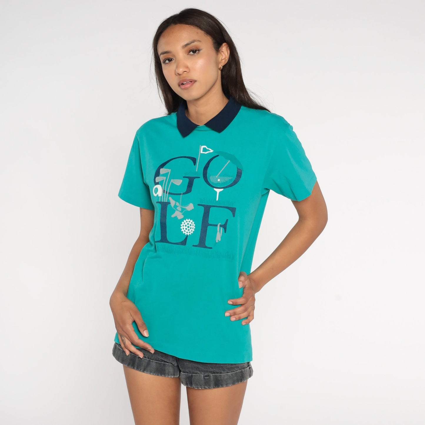 90s Golf Graphic Collared T-Shirt Turquoise Small S