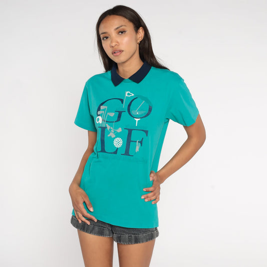 90s Golf Graphic Collared T-Shirt Turquoise Small S