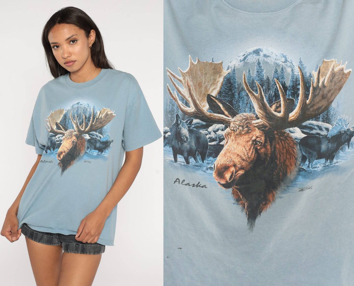 Y2K Alaska Moose Graphic T-Shirt Blue Wildlife Screen Print Large