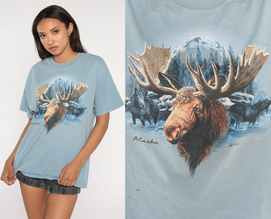 Y2K Alaska Moose Graphic T-Shirt Blue Wildlife Screen Print Large