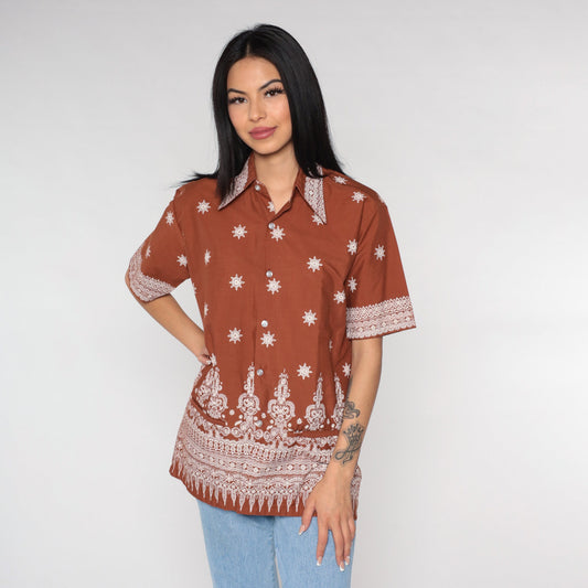 90s Batik Floral Button Up Shirt Brown White Geometric Print Medium