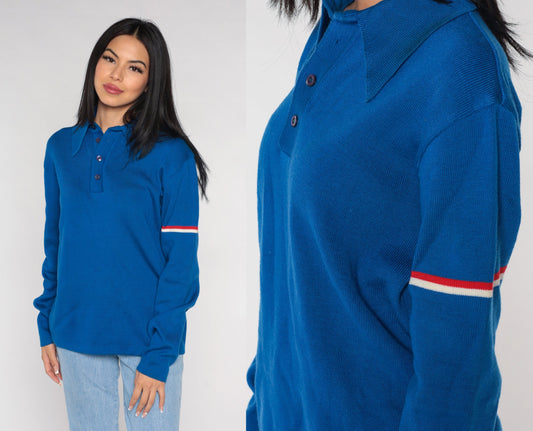 70s Meister Blue Striped Knit Polo Sweater Collared Large L