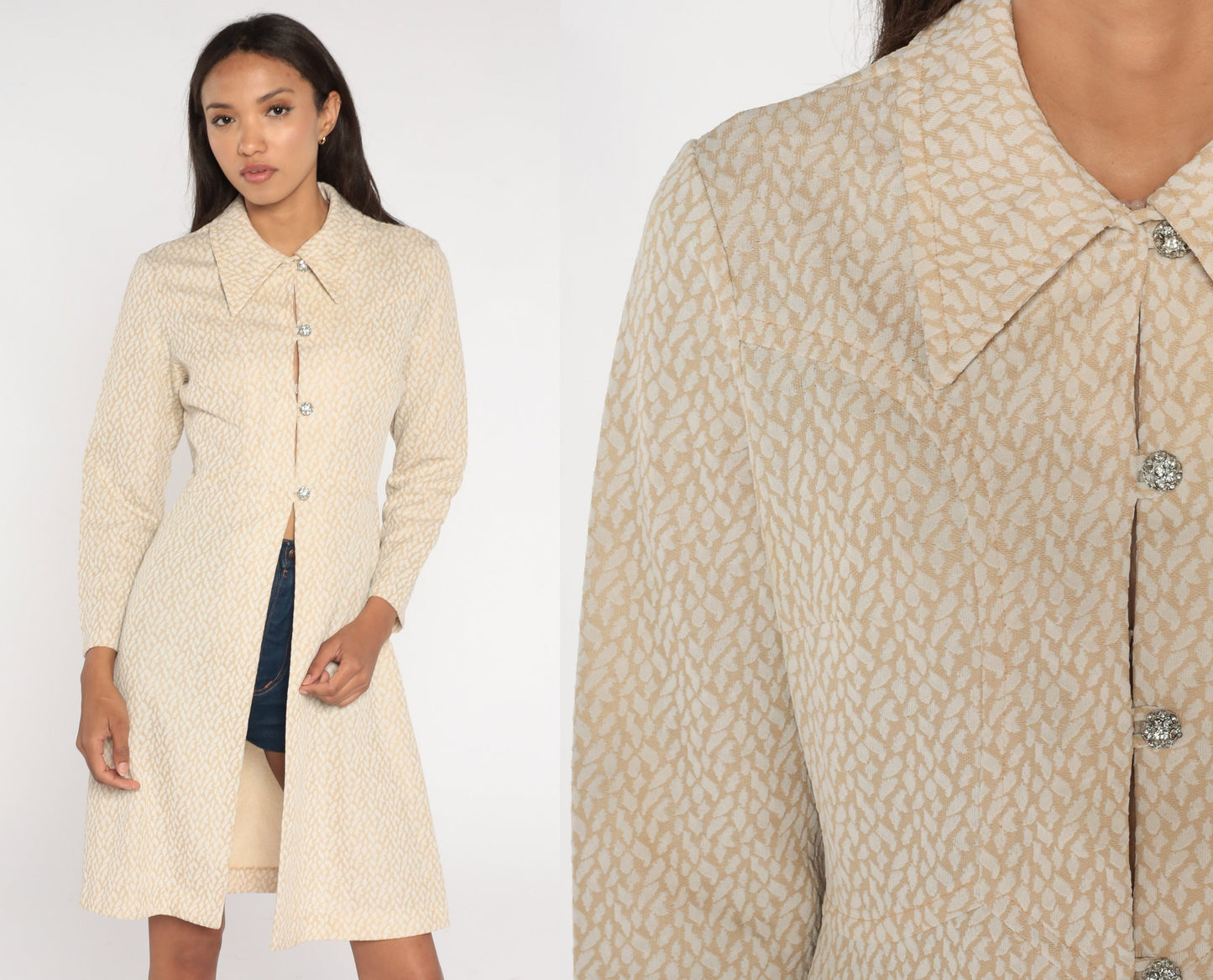 1970s Abstract Leaf Print Jacket Beige Rhinestone Button Long Medium