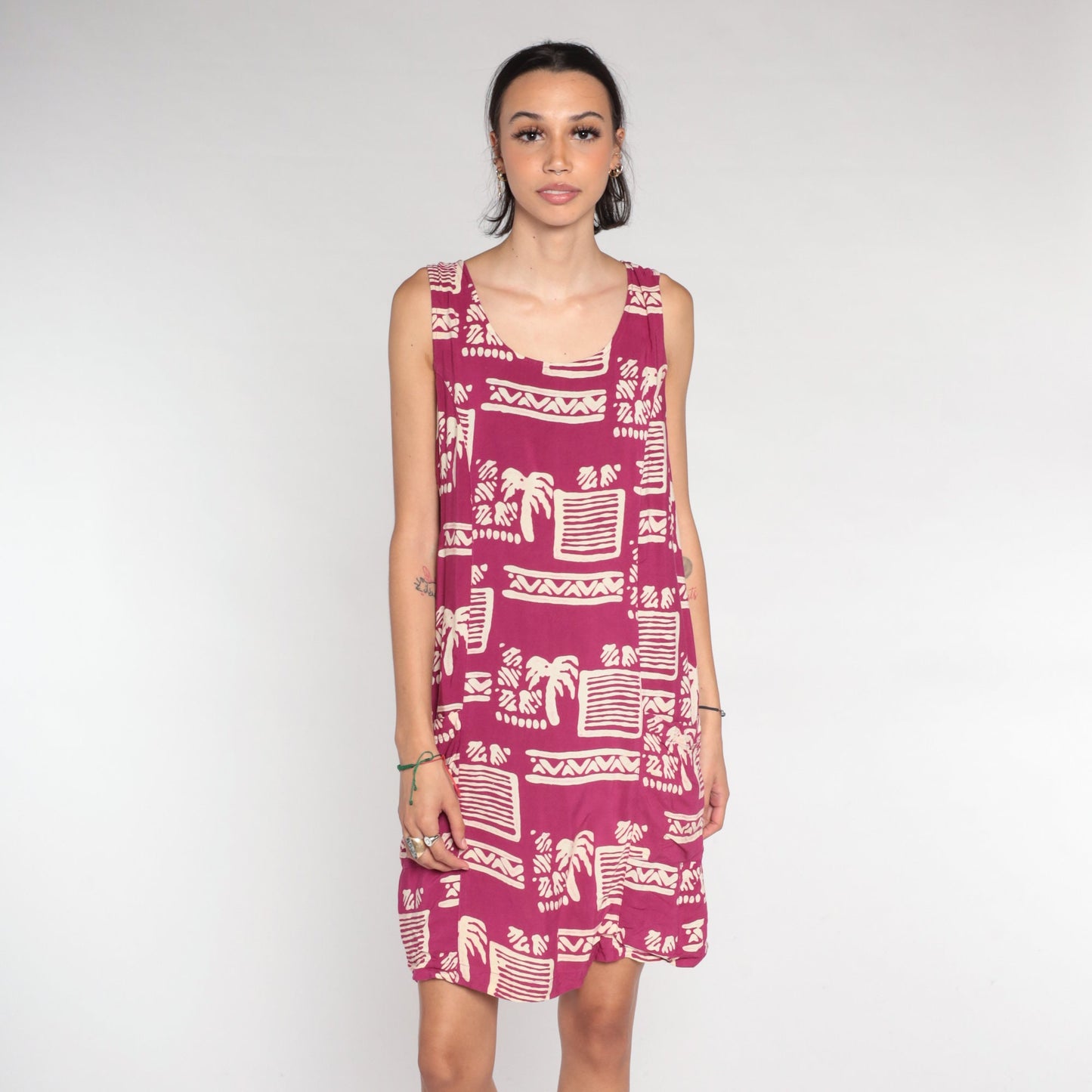 90s Dark Pink Tropical Palm Tree Mini Dress Geometric Print Sleeveless Small